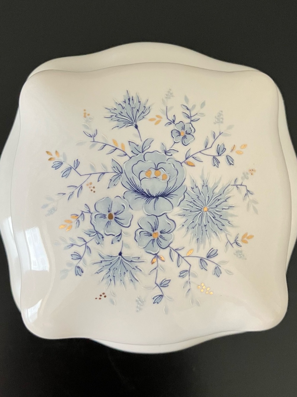 Vintage Peint a La Main White Floral Trinket Box with Blue & Gold Accents